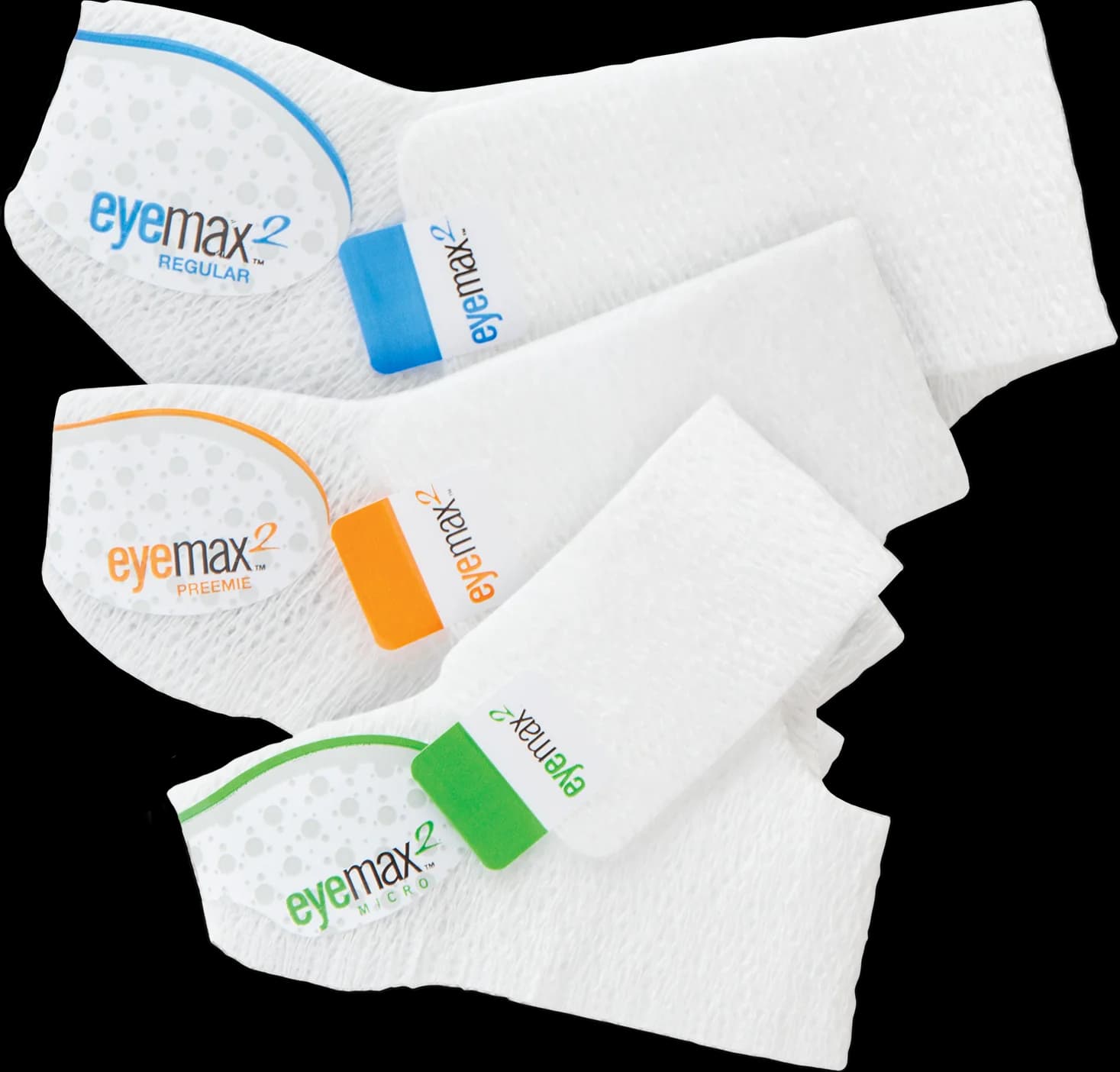 Cele trei mărimi EyeMax 2 – Regular (etichetă albastră), Preemie (etichetă portocalie) și Micro (etichetă verde) – așezate în evantai